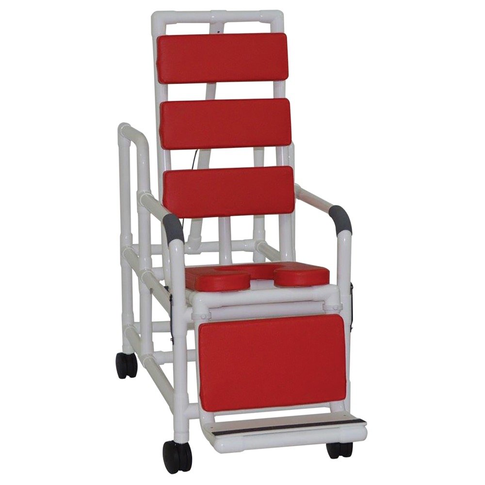 MJM International Corp. Tilt  inchesn inches Space shower chair with open front soft seat, TOTAL PADDING RED, buckle safety belt and double drop arms, 2