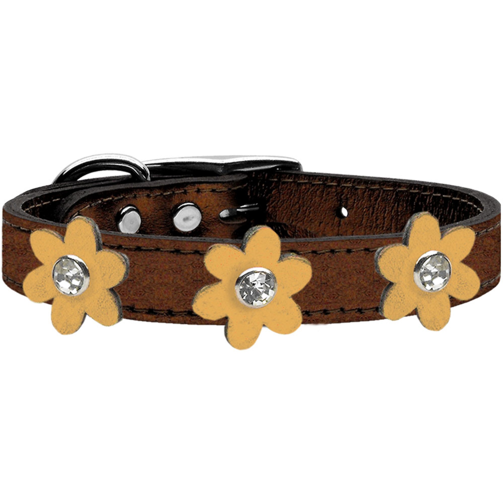 Mirage Pet Products Metallic Flower Leather Collar Bronze With Gold flowers Size 14
