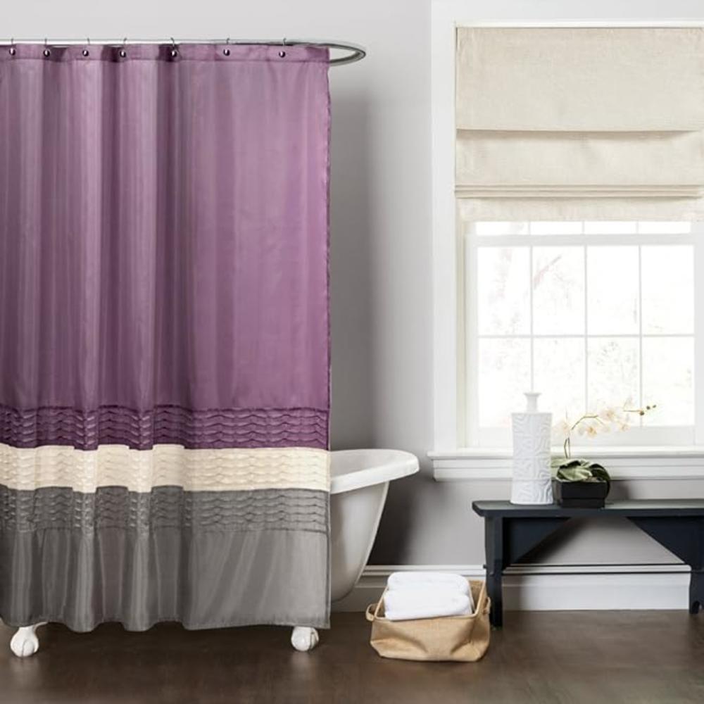 lush decor mia shower curtain | fabric color block striped neutral bathroom decor, 72" x 72" - purple and gray