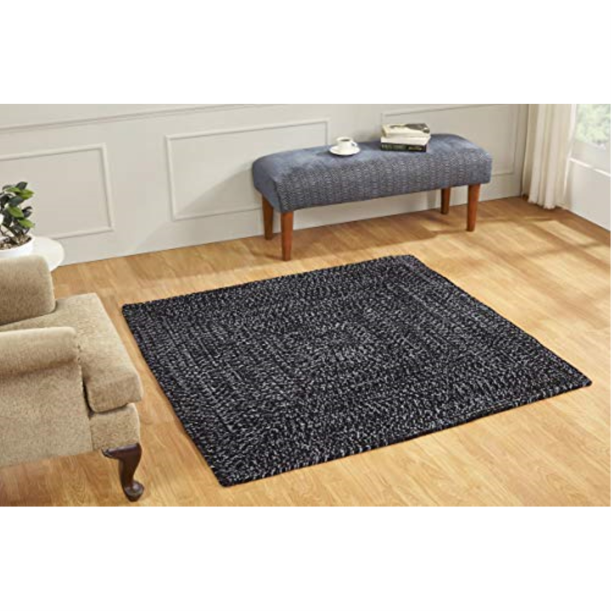 Better Trends BRCR55BLKG Better Trends Chenille Tweed Collection 100% Polyester 60&' Square Braided Rug in Black & Gray