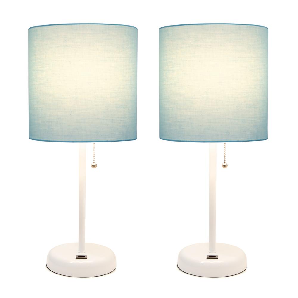 Limelights White Stick Lamp with USB charging port and Fabric Shade 2 Pack Set, Aqua