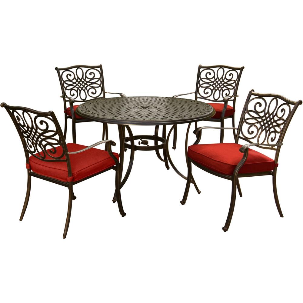 Hanover Traditions5pc: 4 Dining Chairs, 48" Round Cast Table - Red/Cast