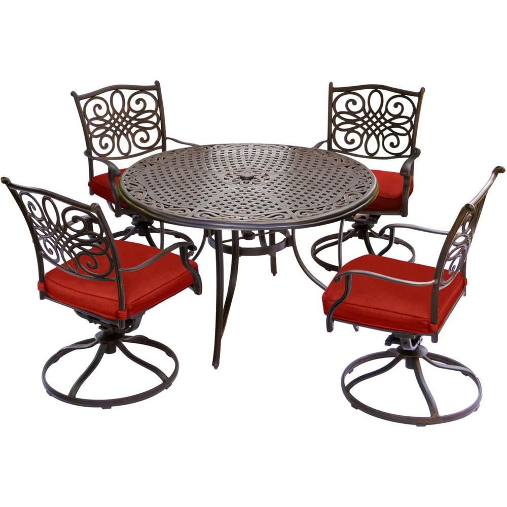 Hanover Traditions5pc: 4 Swivel Rockers, 48" Round Cast Table - Red/Cast