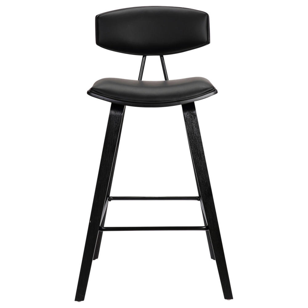 Armen Living Fox 30" Mid-Century Bar Height Barstool in Black Faux Leather with Black Brushed
