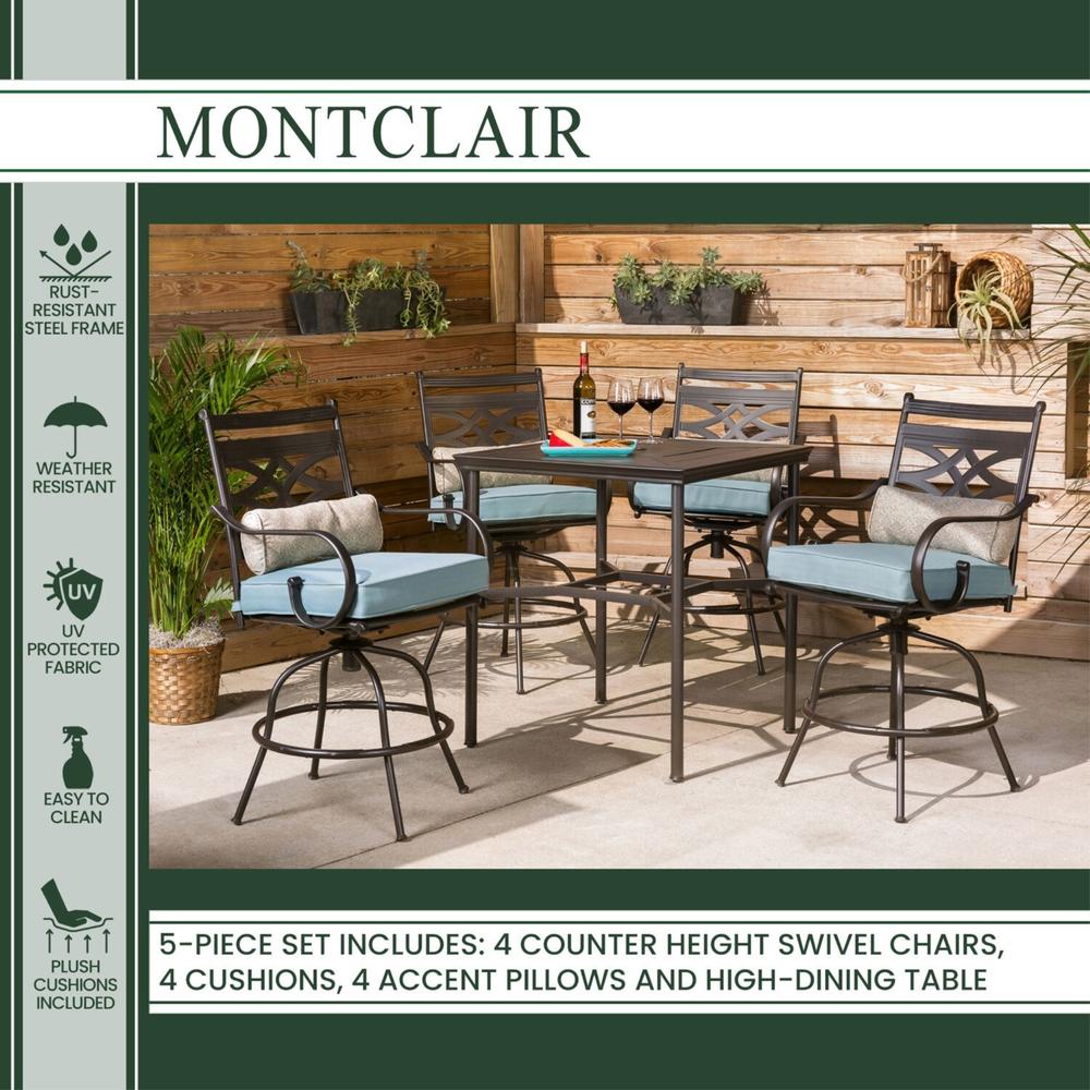 Hanover Montclair5pc High Dining: 4 Swivel Chairs, 33" Sq High Dining Table - Ocean Blue/Brown