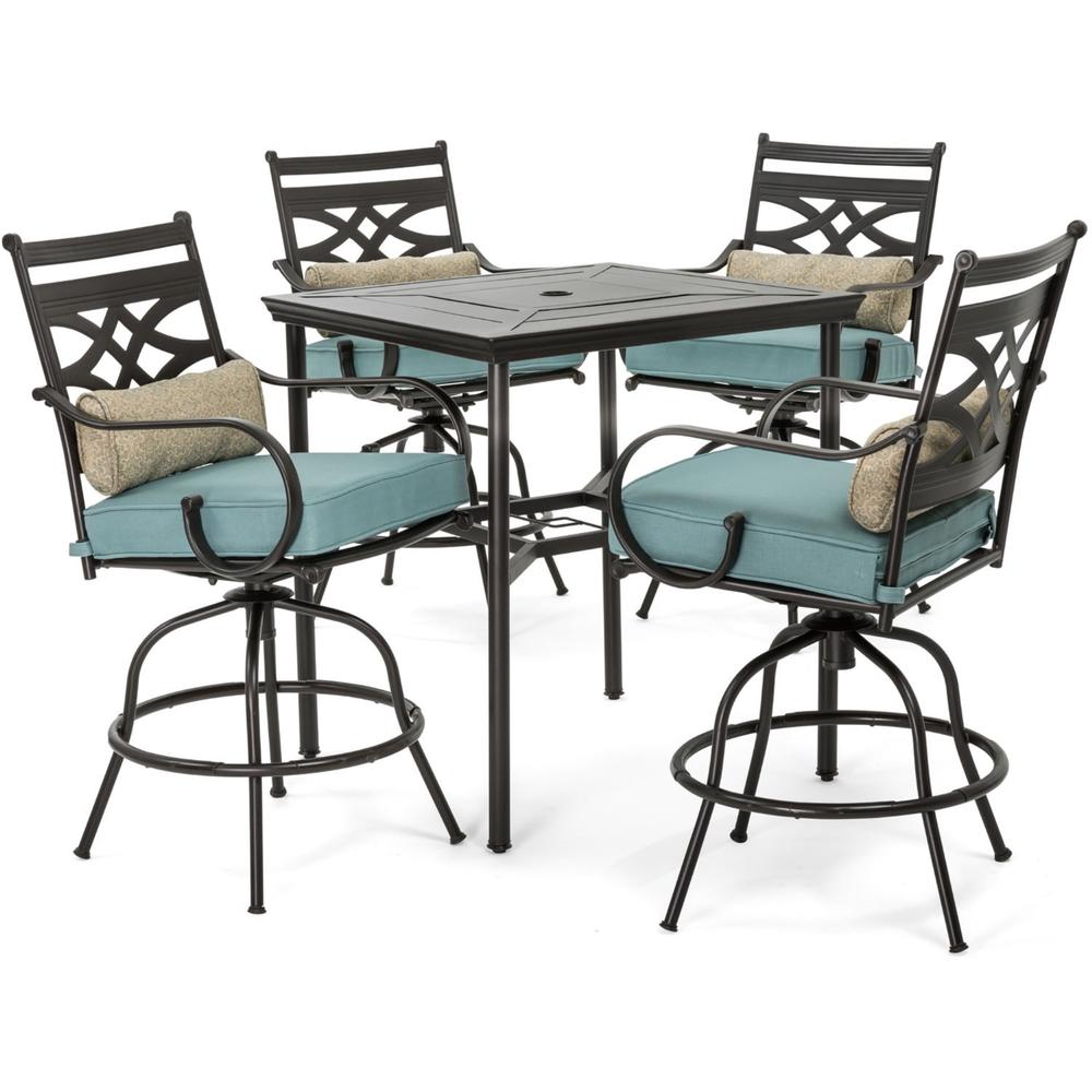 Hanover Montclair5pc High Dining: 4 Swivel Chairs, 33" Sq High Dining Table - Ocean Blue/Brown