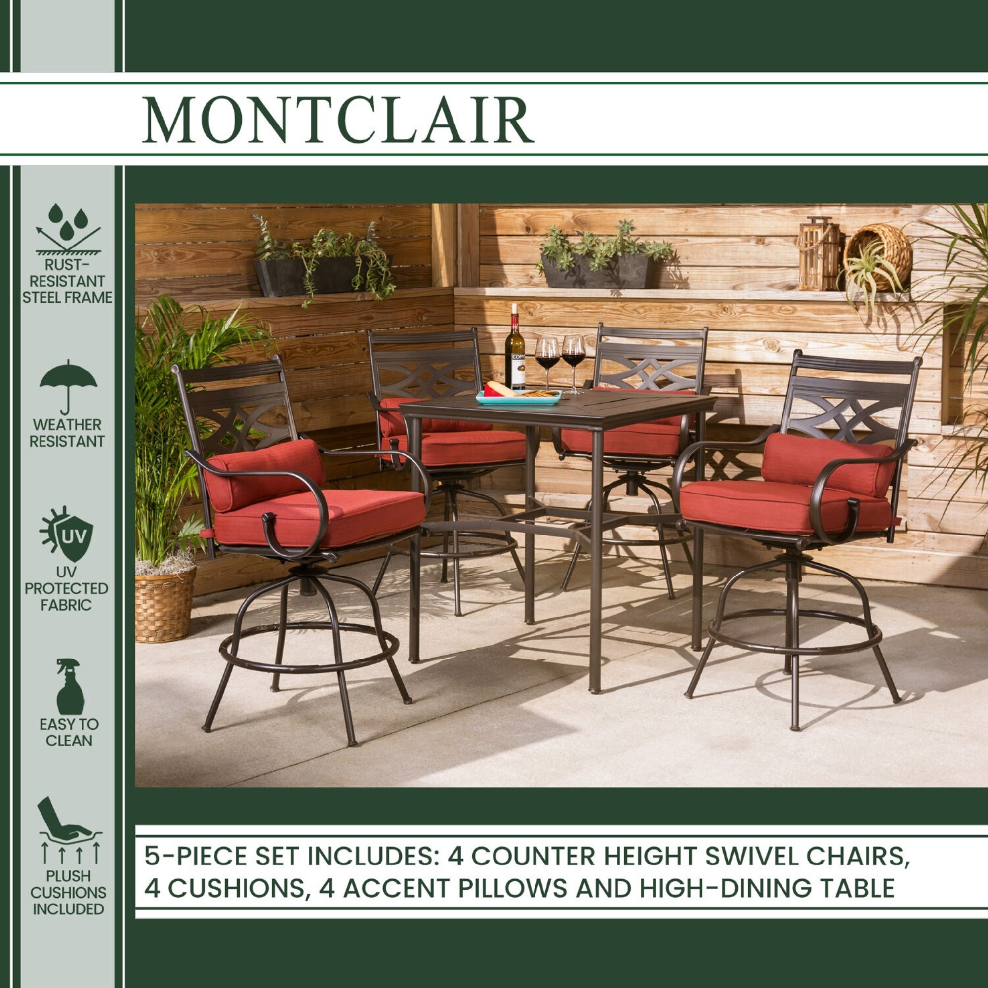 Hanover Montclair5pc High Dining: 4 Swivel Chairs, 33" Sq High Dining Table - Chili Red/Brown