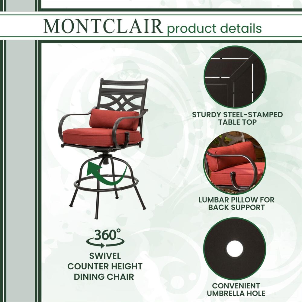 Hanover Montclair5pc High Dining: 4 Swivel Chairs, 33" Sq High Dining Table - Chili Red/Brown