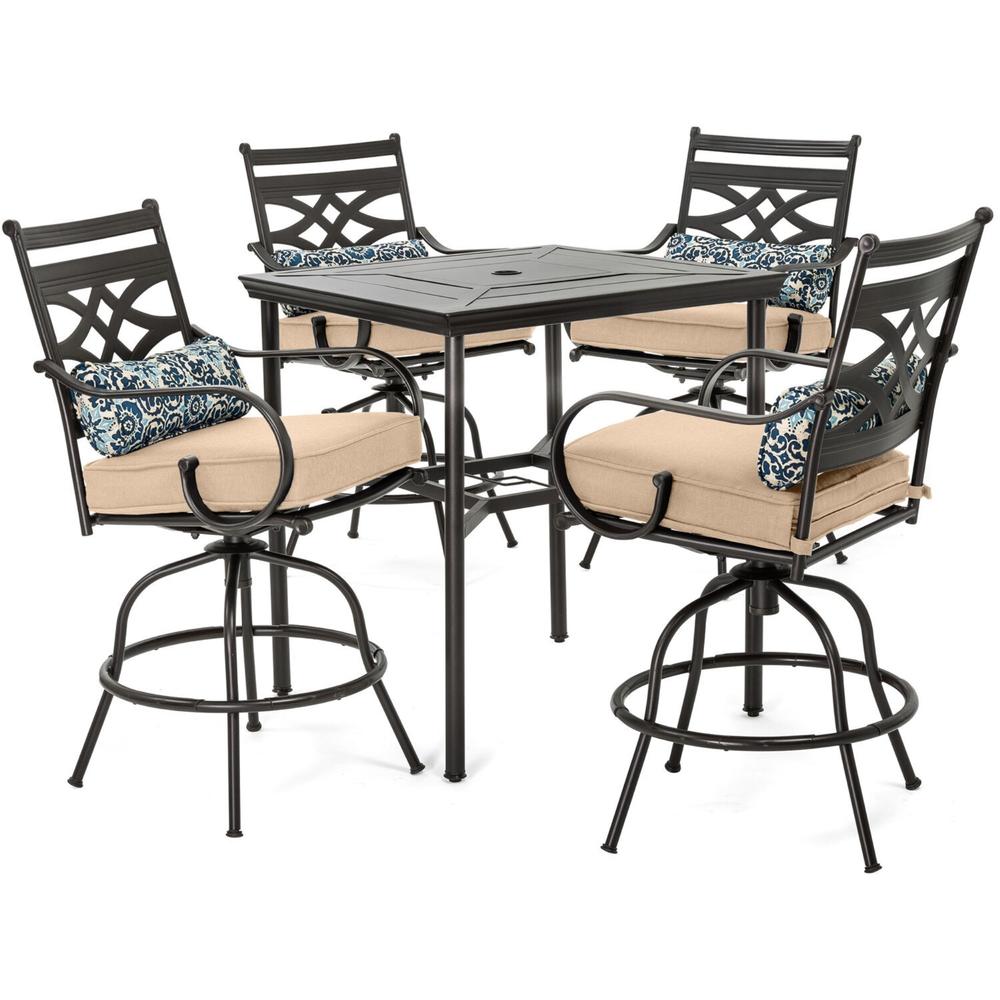 Hanover Montclair5pc High Dining: 4 Swivel Chairs, 33" Sq High Dining Table - Tan/Brown