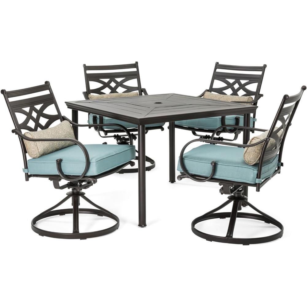 Hanover Montclair 5pc: 4 Swivel Rockers, 40" Square Dining Table - Ocean Blue/Brown
