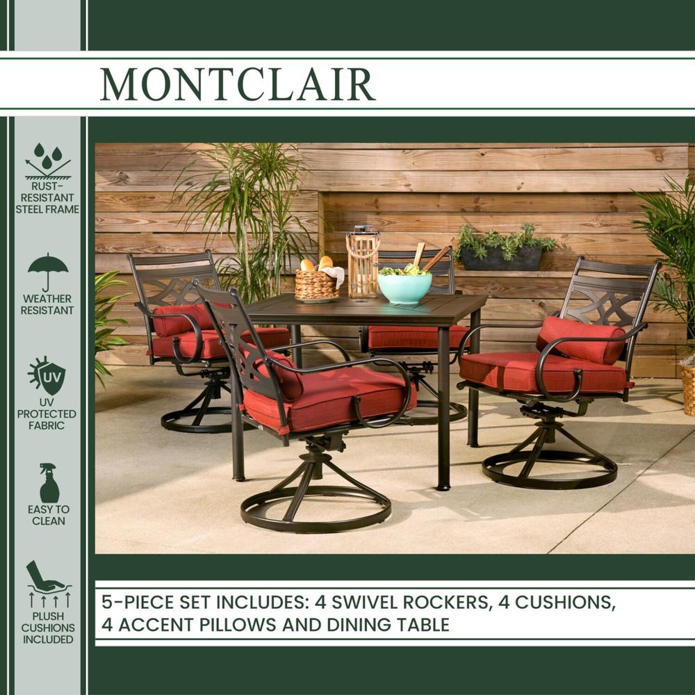 Hanover Montclair5pc: 4 Swivel Rockers, 40" Square Dining Table - Chili Red/Brown