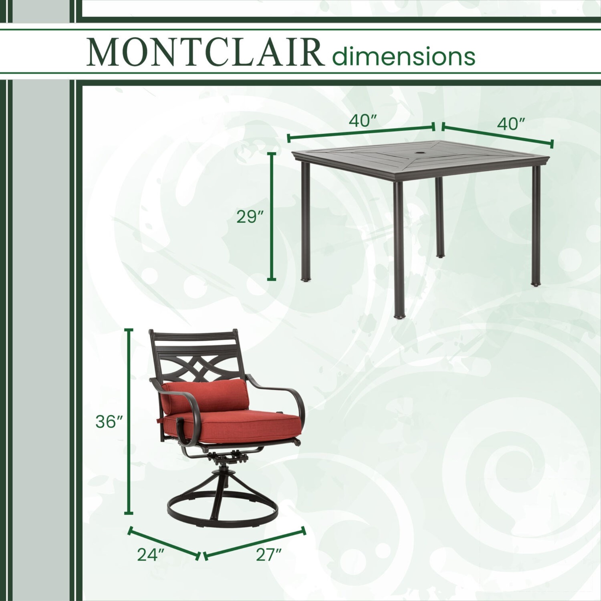 Hanover Montclair5pc: 4 Swivel Rockers, 40" Square Dining Table - Chili Red/Brown