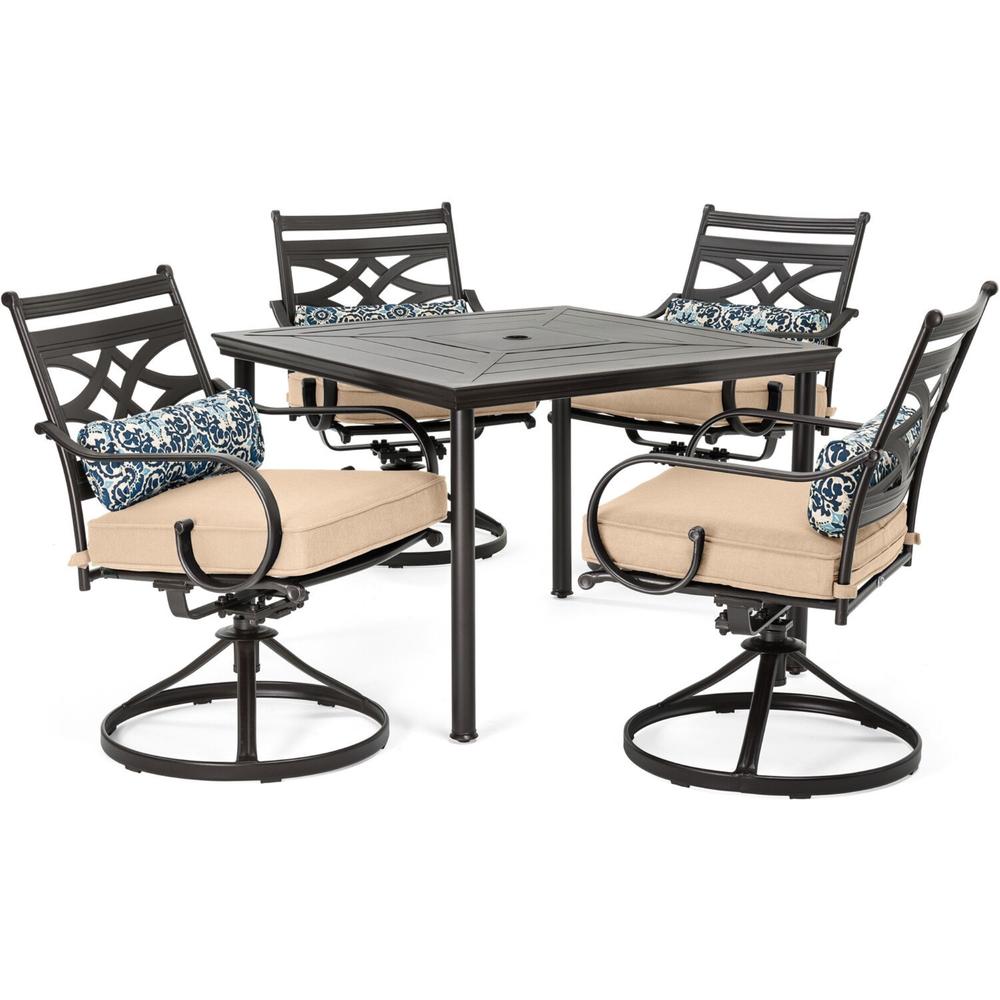 Hanover Montclair5pc: 4 Swivel Rockers, 40" Square Dining Table - Tan/Brown