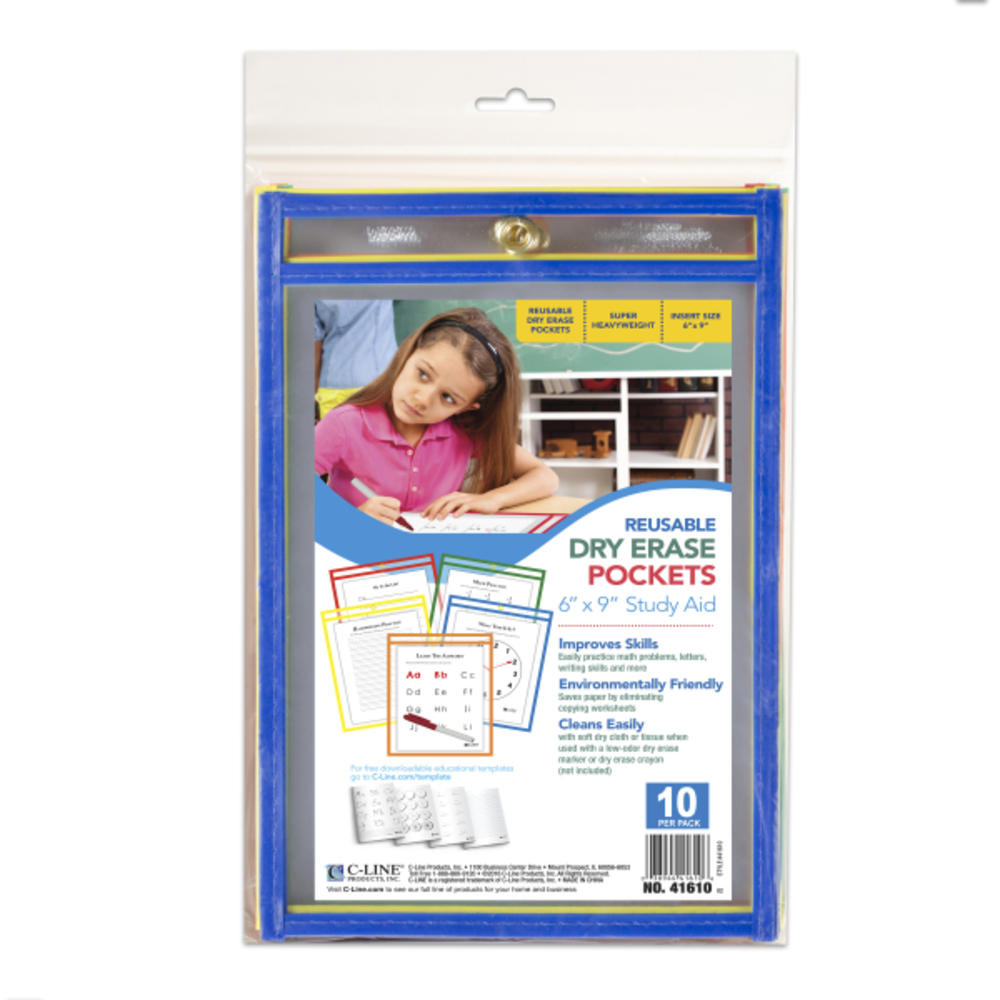 C-Line Reusable Dry Erase Pockets, Assorted Primary Colors, 6 x 9, 10/PK, 41610