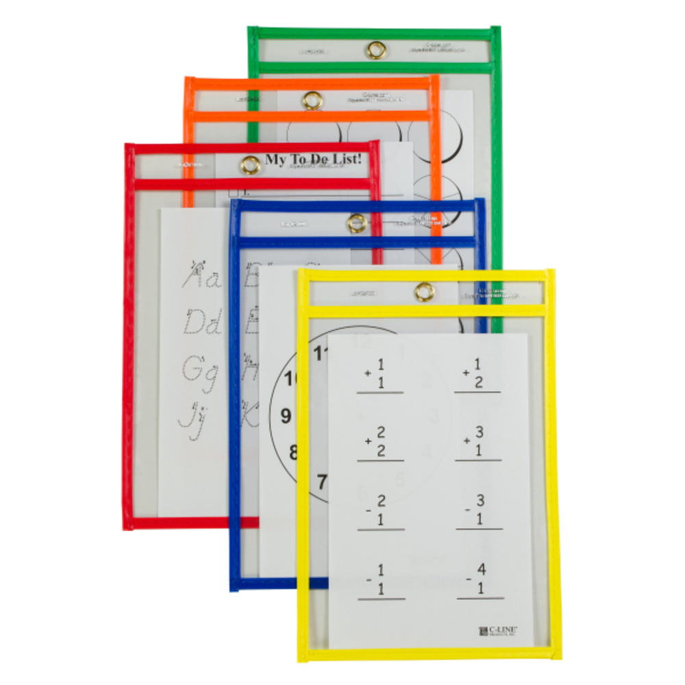 C-Line Reusable Dry Erase Pockets, Assorted Primary Colors, 6 x 9, 10/PK, 41610