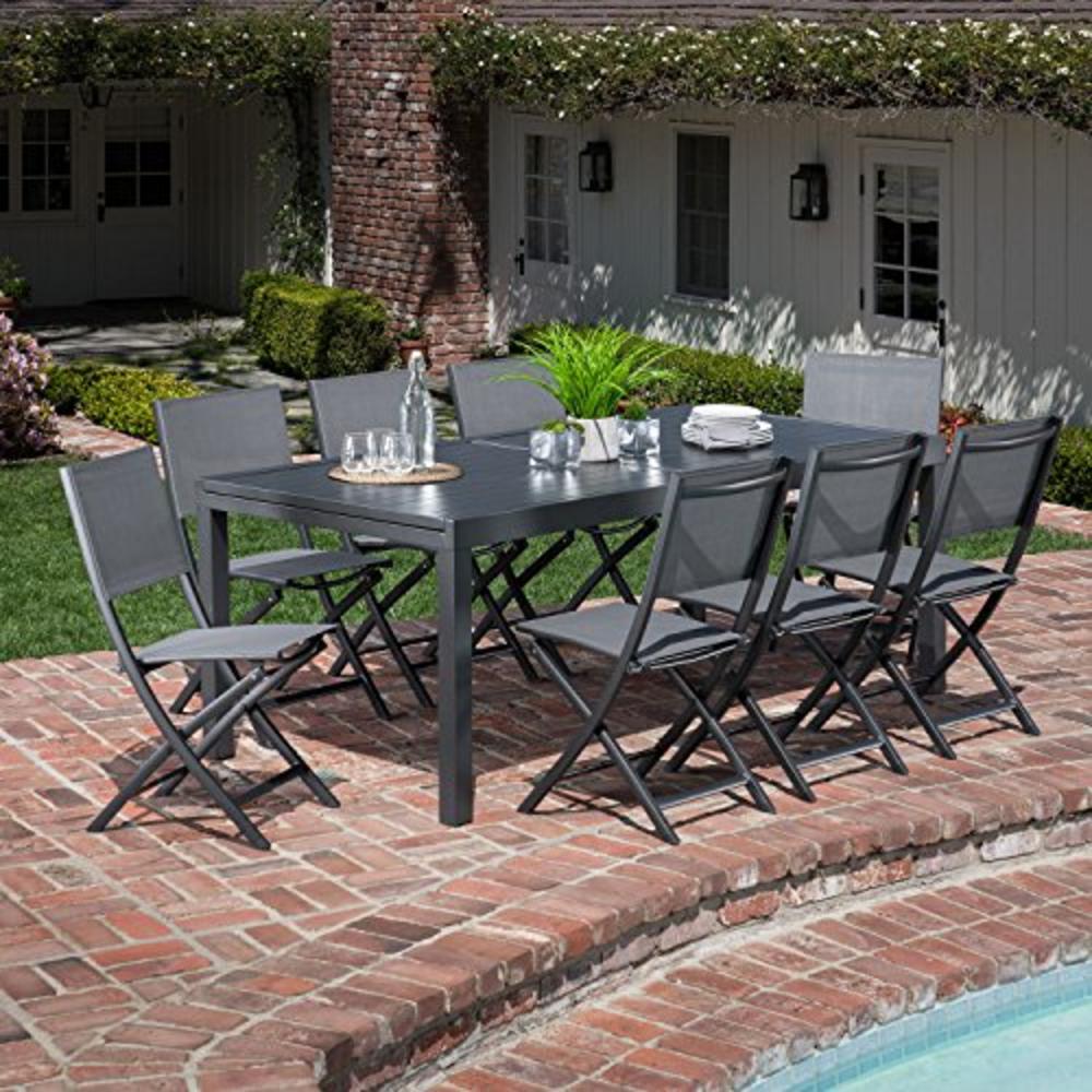 Hanover, Gray Naples 9-Piece Outdoor Dining Set | Aluminum 40" x 118" Expanding Patio Table with 8 Folding Sling Chairs | Modern