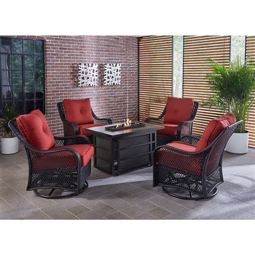 Hanover Orleans5pc Fire Pit: 4 Swivel Gliders, Rectangle KD Fire Pit w/Tile - Berry/Tile