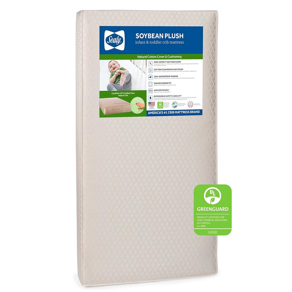 Sealy Soybean Plush Waterproof Baby Crib and Toddler Mattress - Lightweight Soybean Foam-Core - Made in USA, 52"x28"