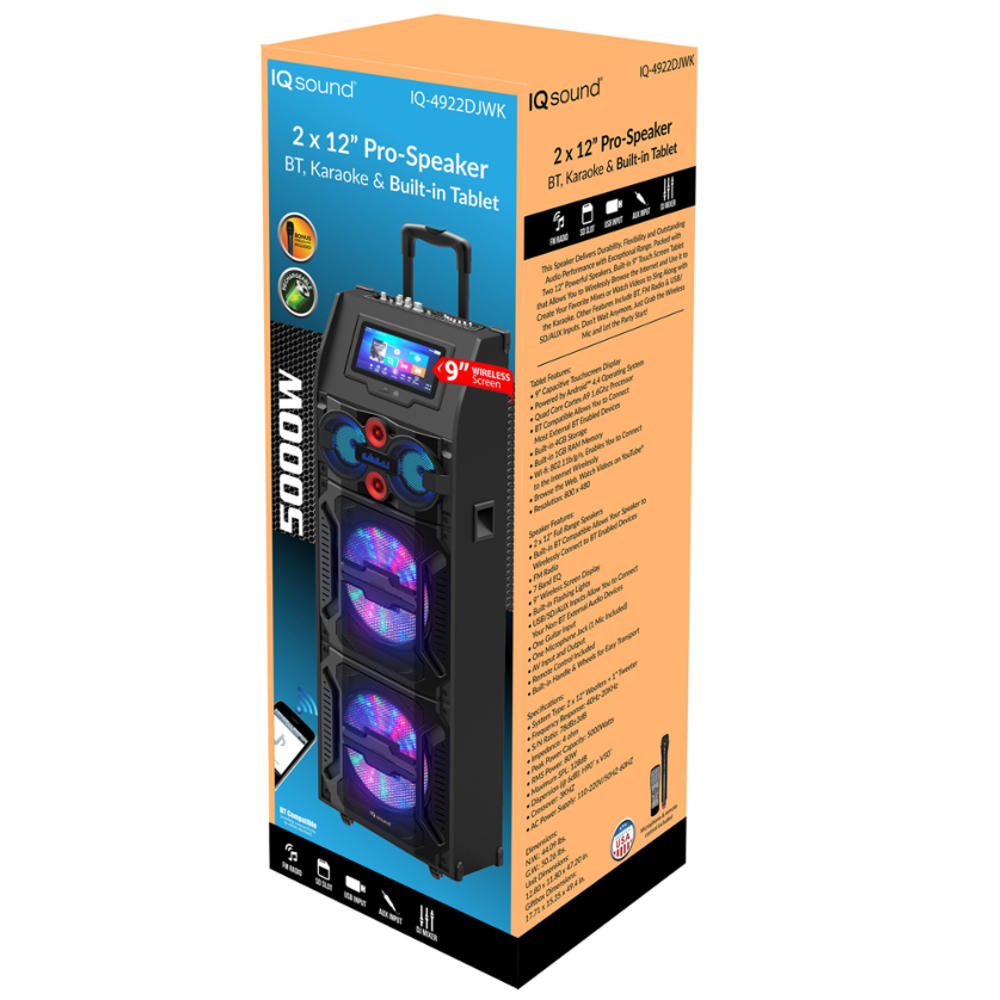 Supersonic 2 x 12” Pro Speaker Bluetooth, Karaoke Built-in Tablet 14.1” Touchscreen USB/EQ/Mic IQ-4922DJWK