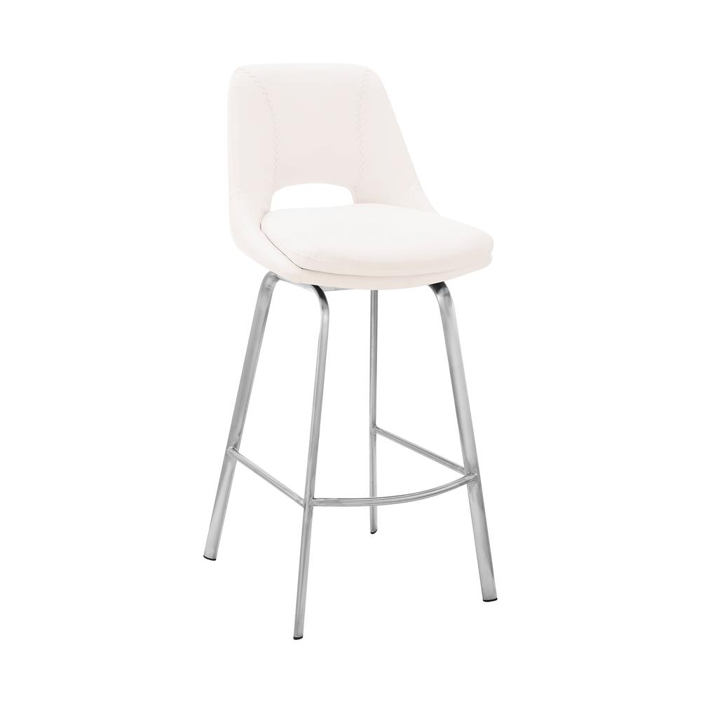 Armen Living Carise White Faux Leather and Brushed Stainless Steel Swivel 26" Counter Stool