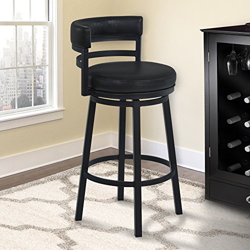 Armen Living Madrid 26" Counter Height Swivel Barstool in Ford Black Faux Leather and Black Metal Finish