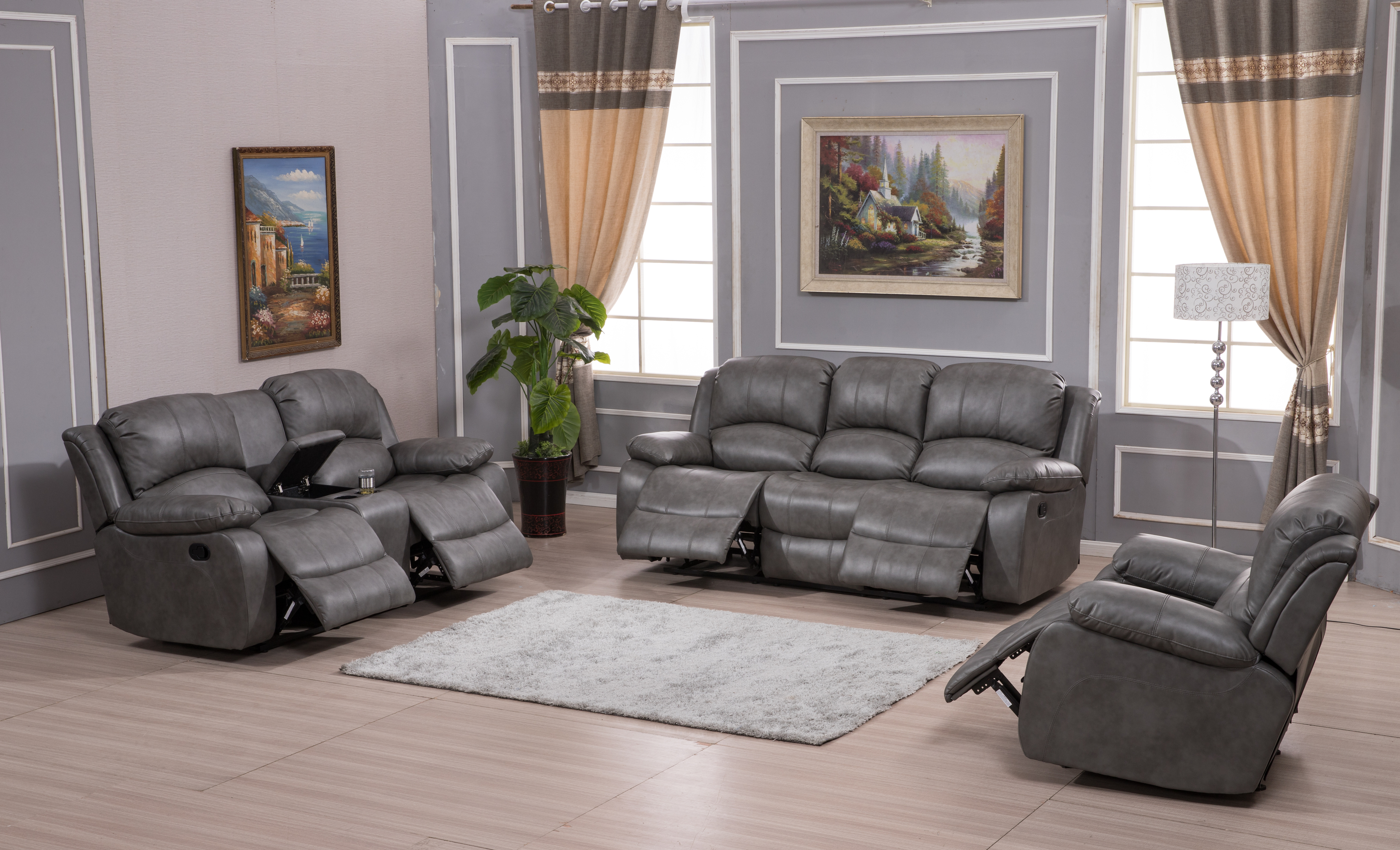 Pc Bonded Leather Recliner Set, Gray Leather Reclining Living Room Sets