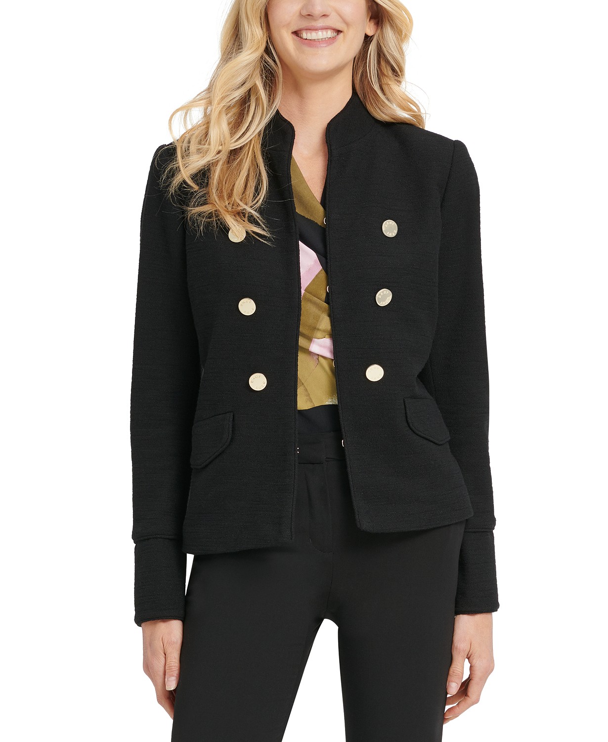 DKNY Women's Stand-Collar Double-Breasted Military Jacket Black Size 2