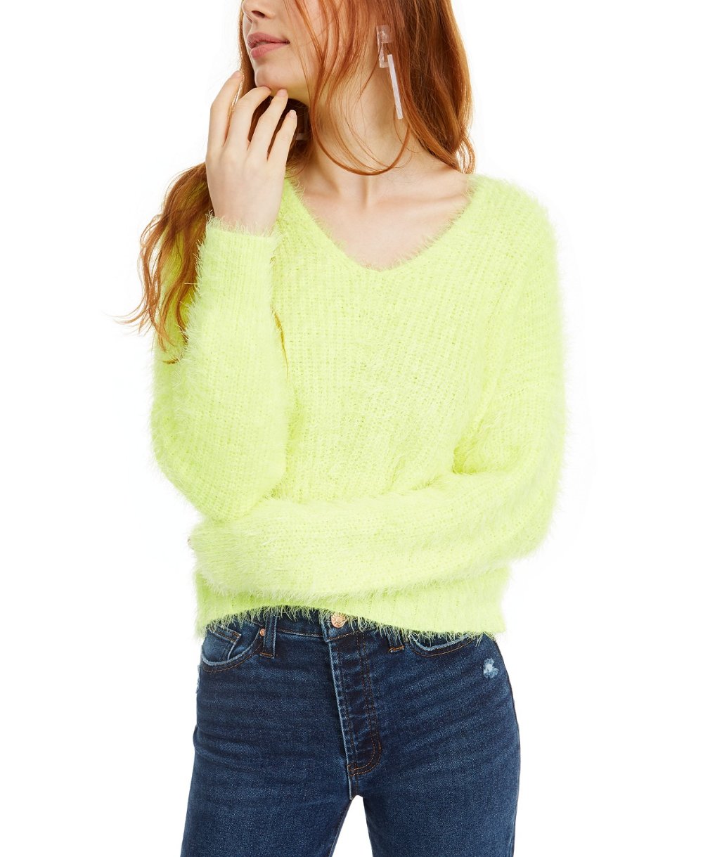 Freshman Juniors Women's Fuzzy V-Neck Sweater Yellow Size Extra Small