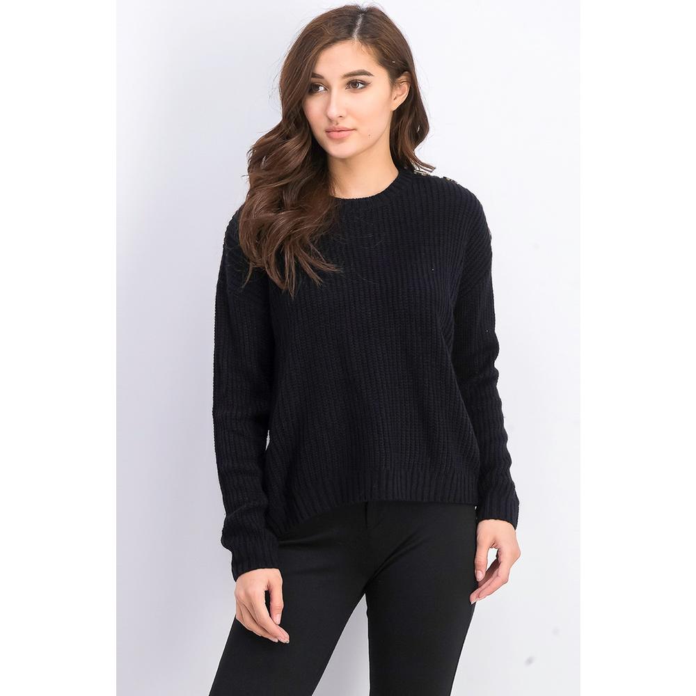 Hippie Rose Juniors' Button-Shoulder Sweater Black Size X-Small