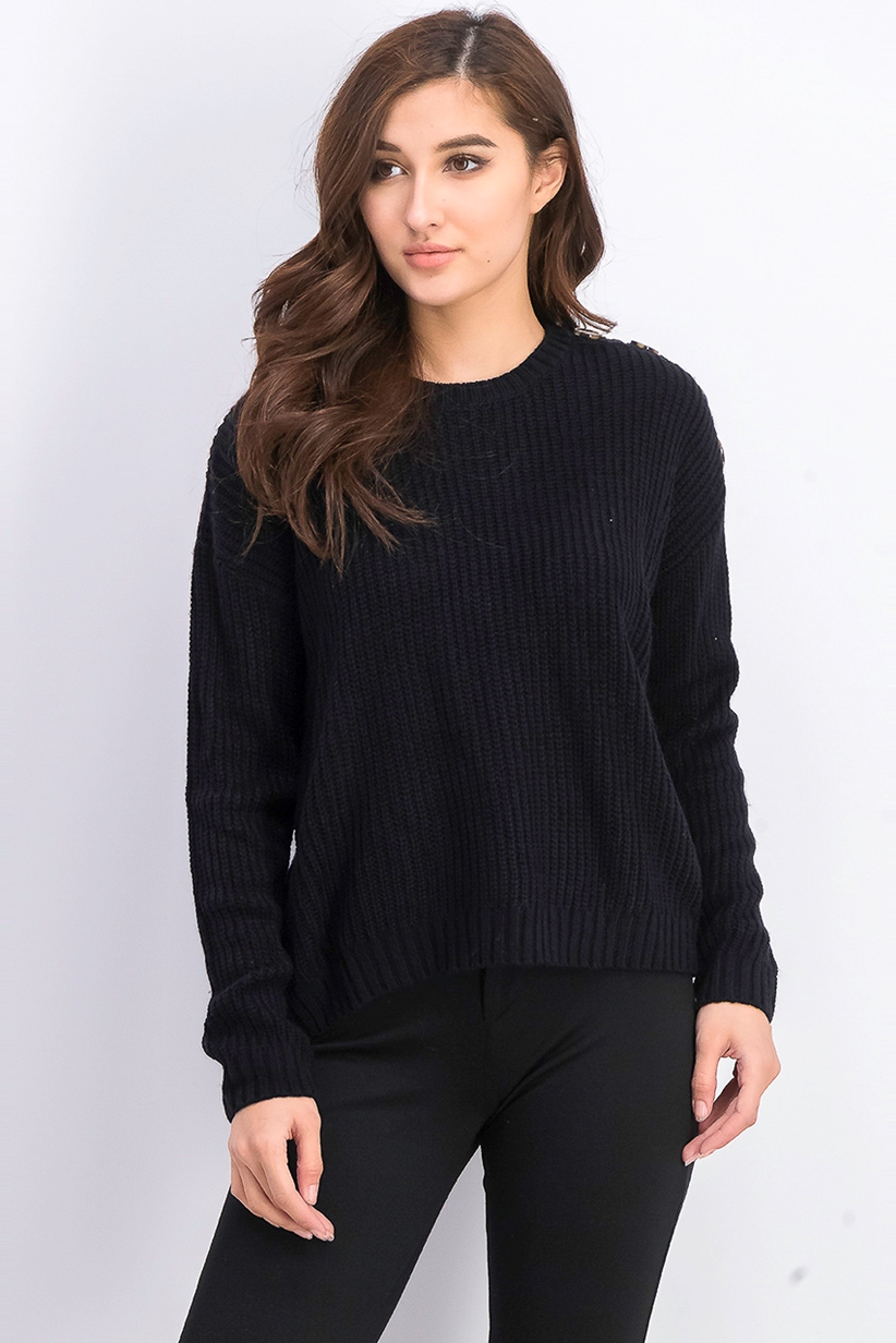 Hippie Rose Juniors' Button-Shoulder Sweater Black Size X-Small