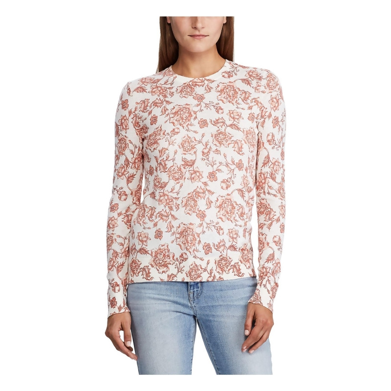 Ralph Lauren Womens Beige Floral Long Sleeve Jewel Neck T-Shirt Top White Size Medium