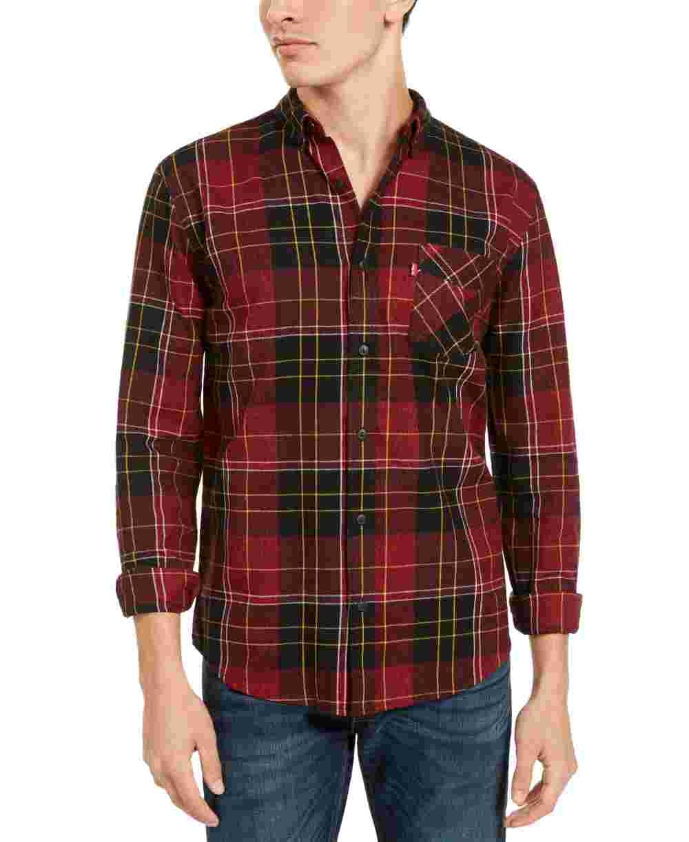 Levi's Men's Booth Regular-Fit Plaid Flannel Shirt Red overflw Size Small