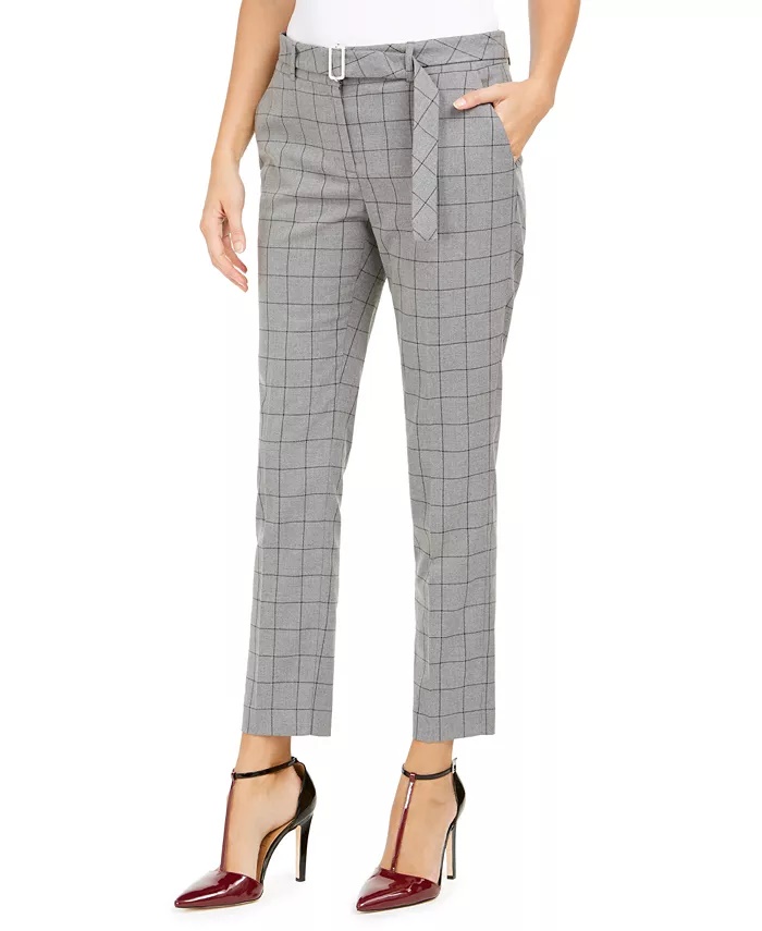 Calvin Klein Women's Windowpane-Print Belted Pants Gray Size 12