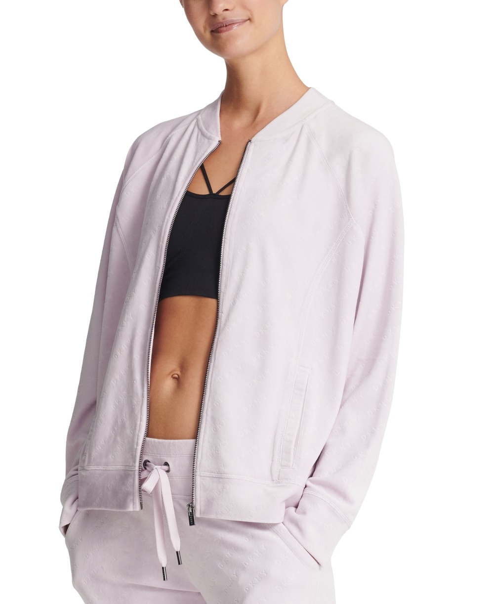 DKNY Women's Sport Velour Logo Print Bomber Jacket Lilac Size Large
