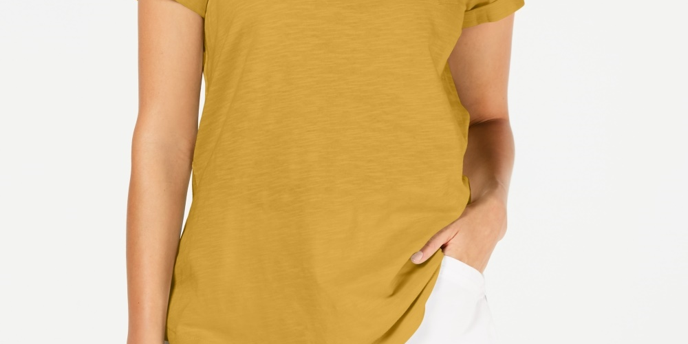 Style & Co Women's Cuffed Sleeve Cotton T-Shirt Gold Size Small