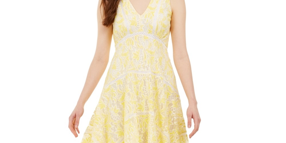 Taylor Women's Two-Tone Lace Handkerchief-Hem Dress Yellow Size Medium Regular