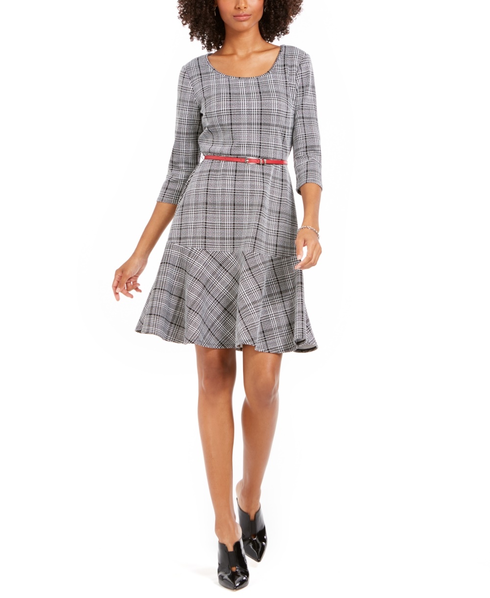 NY Collection Women's Plaid Fit & Flare Dress Black Size Petite Large