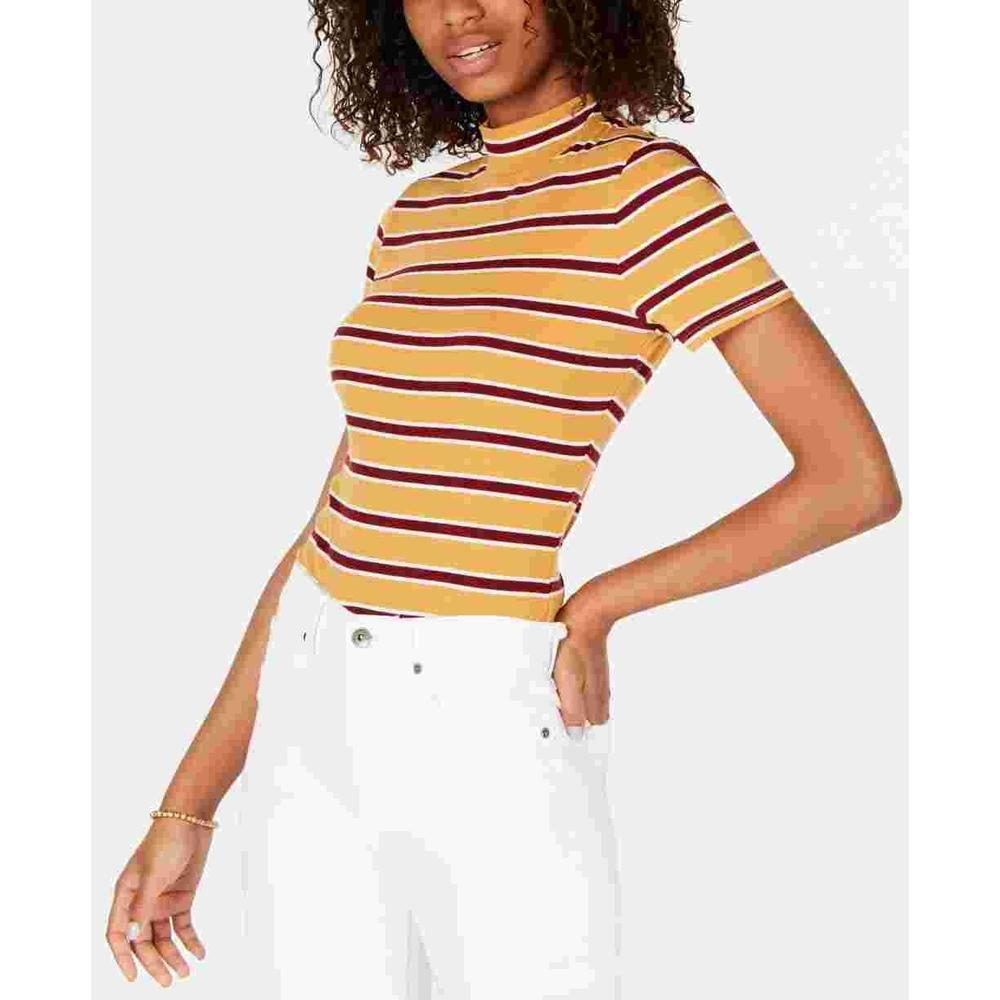 Hippie Rose Junior's Striped Short Sleeve Mock T-Shirt Top Gold Size X-Large