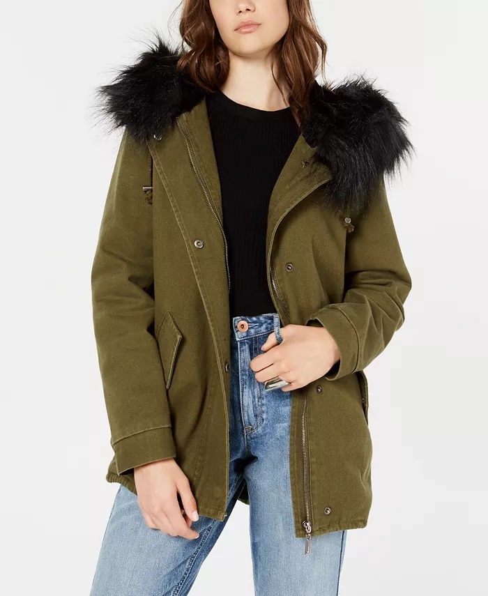 Jou Womens Green Faux Fur, Long Winter Coat Juniors