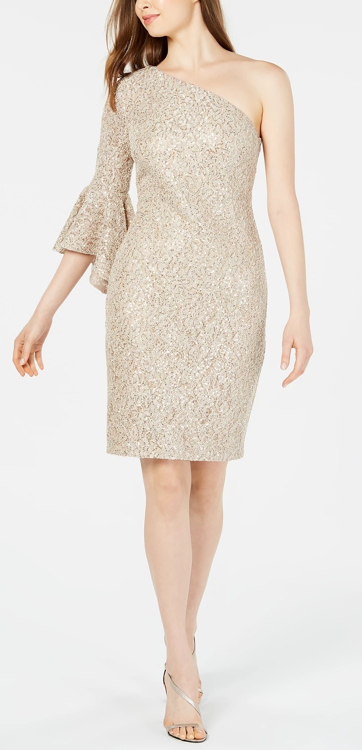 Calvin Klein Women's Lace & Sequin One Shoulder Dress White Size 12
