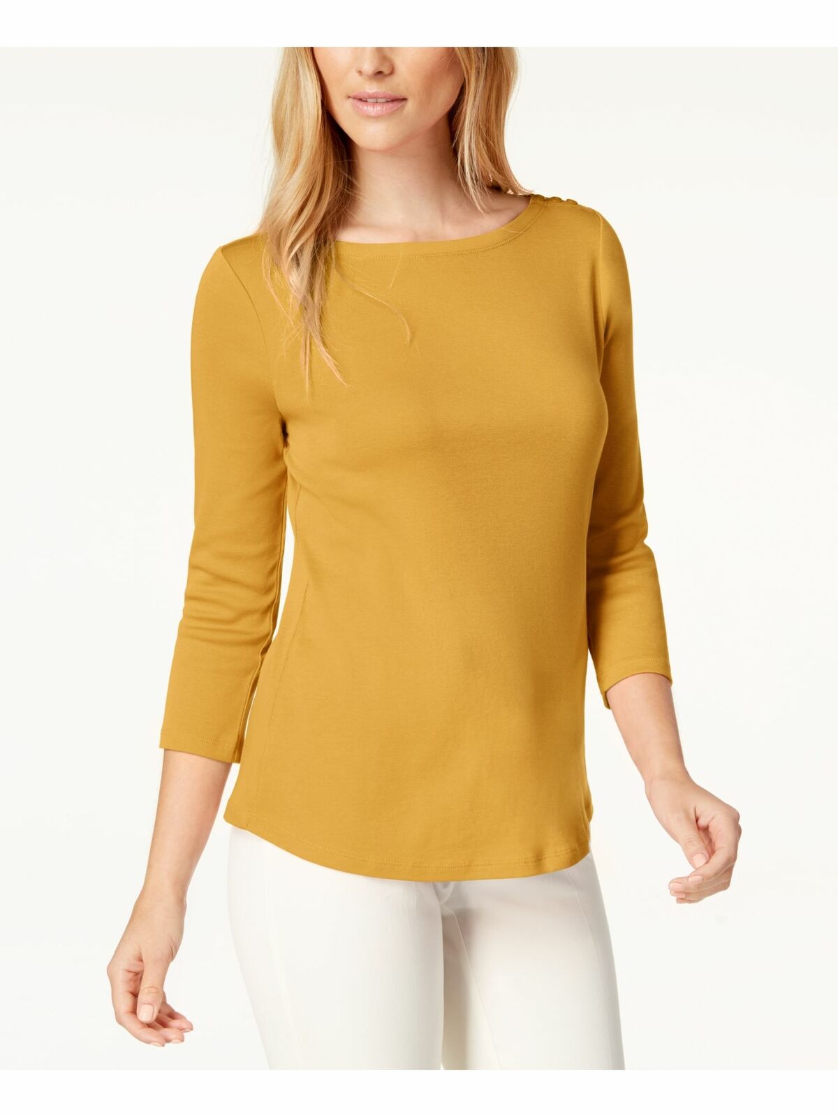 Charter Club Women's Petite Pima Cotton Button-Shoulder Top Yellow Size X-Large