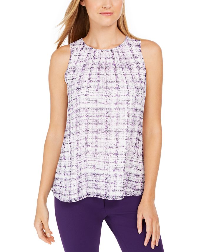 Calvin Klein Women's Sleeveless Printed Pleat-Neck Top Purple Size Small