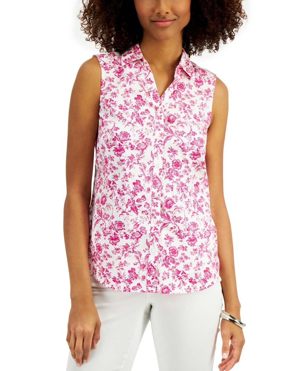 Charter Club Women's Toile Print Sleeveless Shirt Preppy Combo Pink Size 14