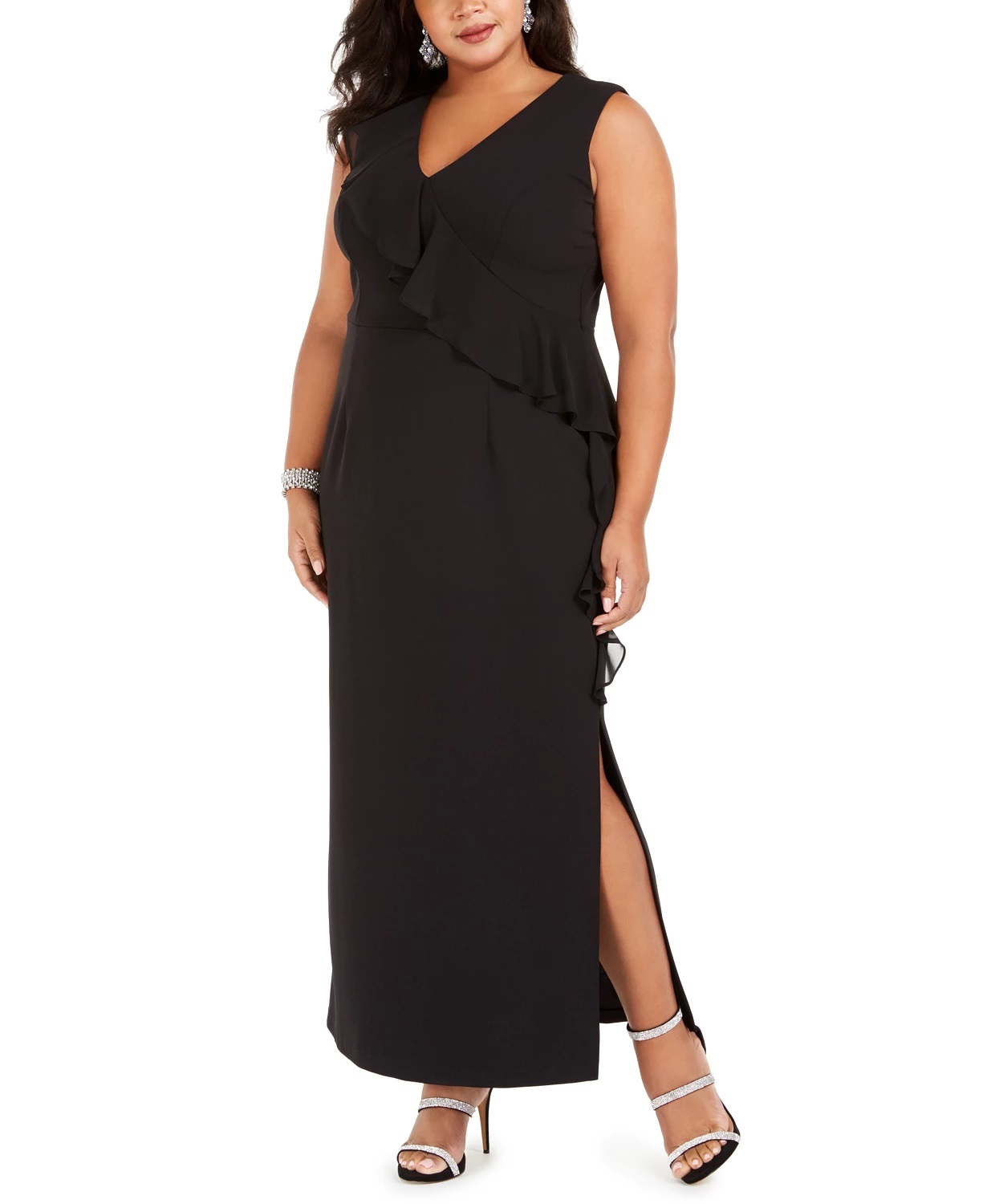Connected Women's Plus Size V-Neck Ruffle Dress Black Size 20W