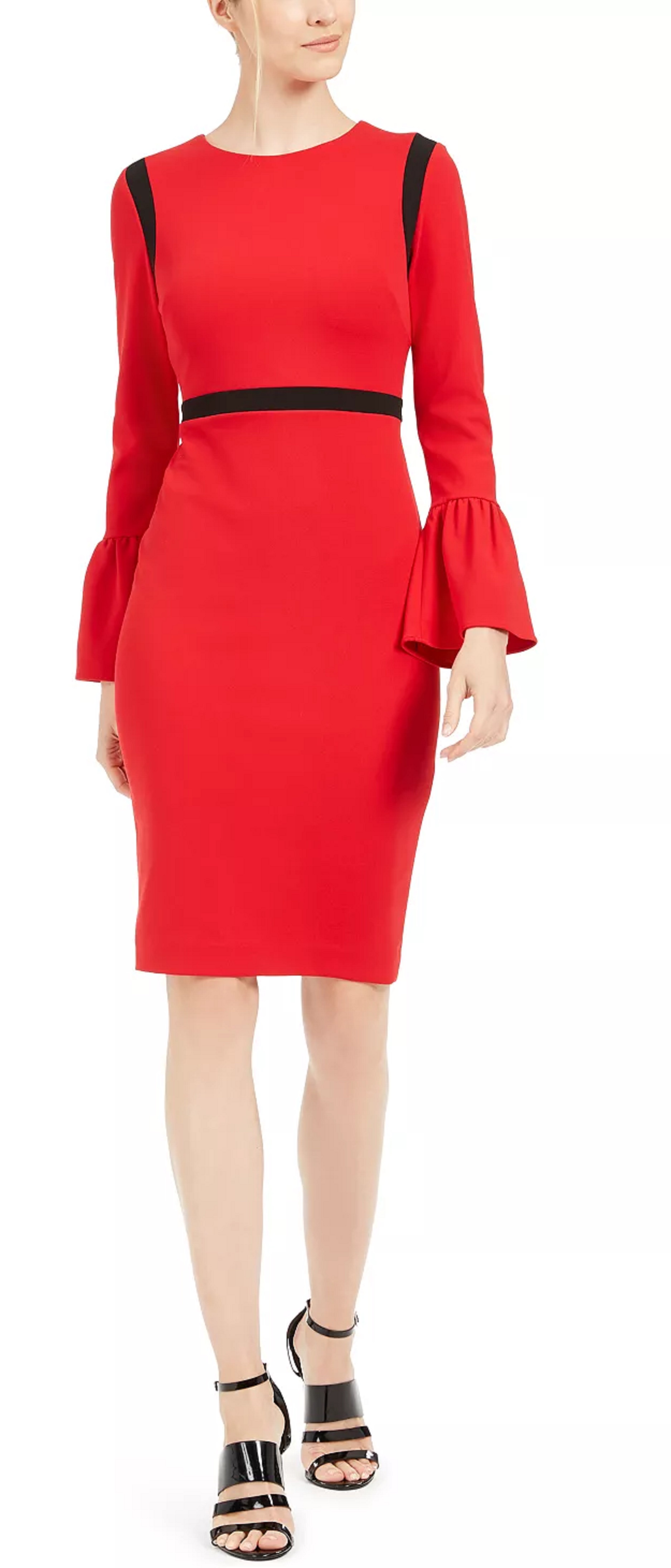 Calvin Klein Women's Color Blocked Bell Sleeve Sheath Dress Red Size 2