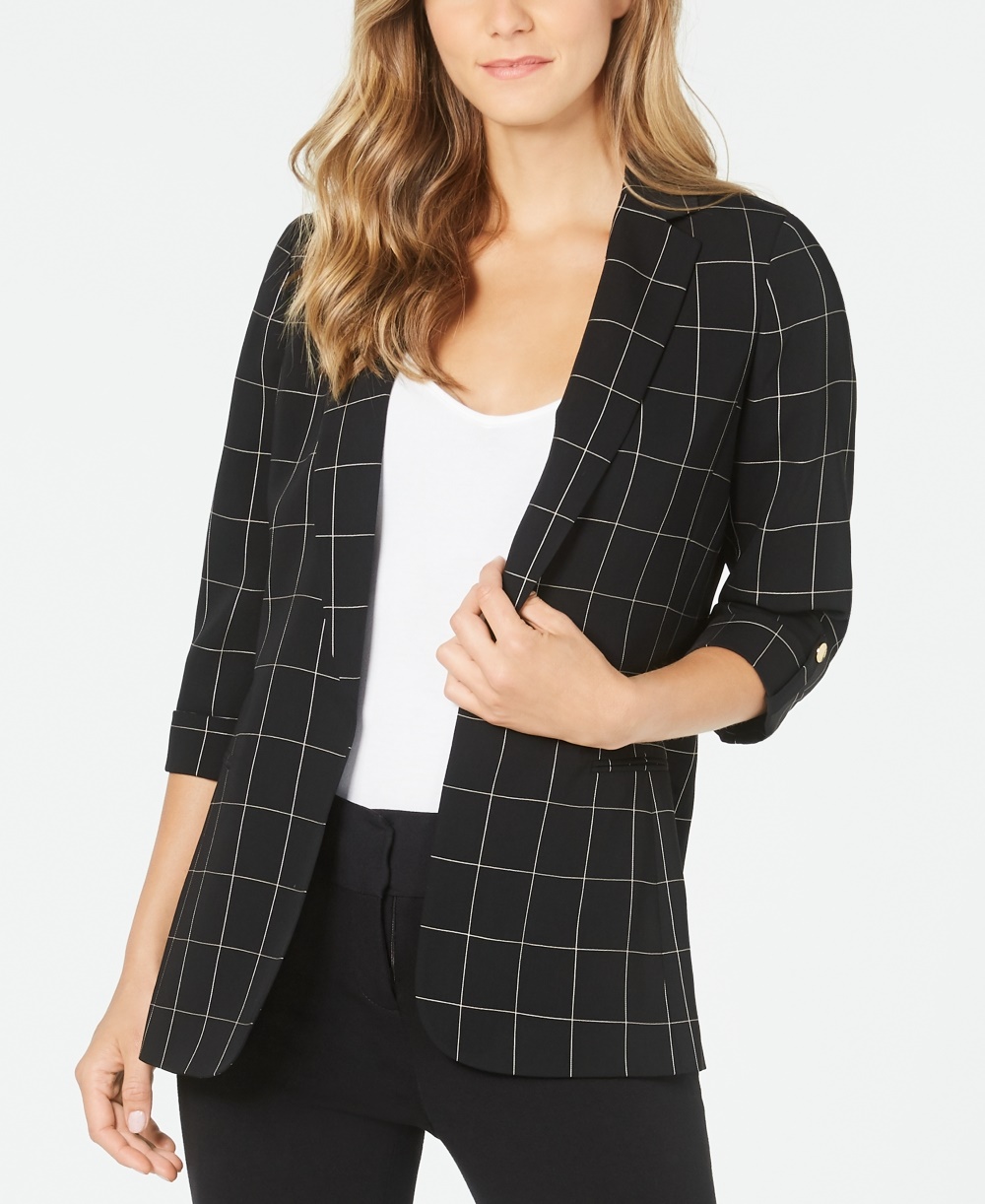 Calvin Klein Women's Windowpane Roll-Tab Jacket Gray Size 10