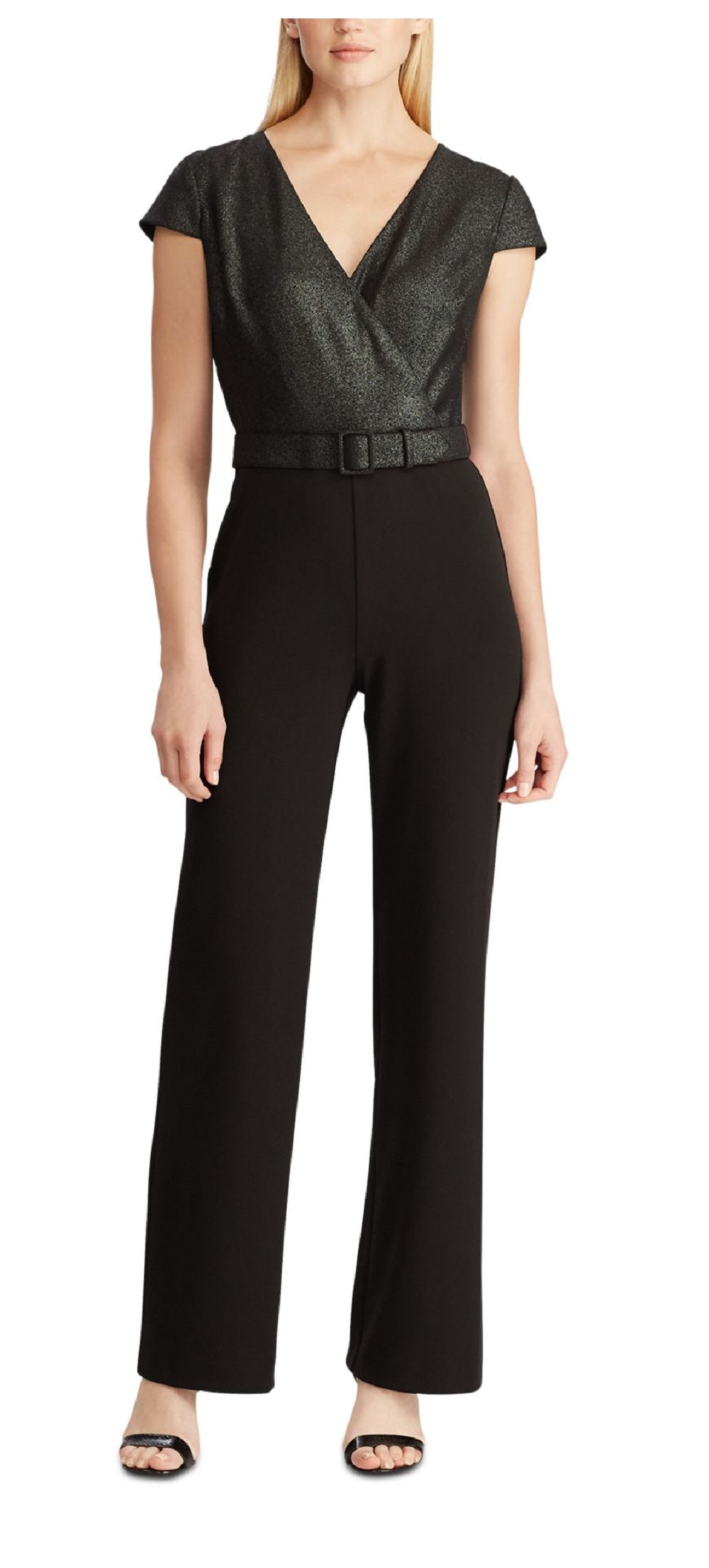 Ralph Lauren Women's Black Belted Glitter Wrap Work Jumpsuit Black Size 12