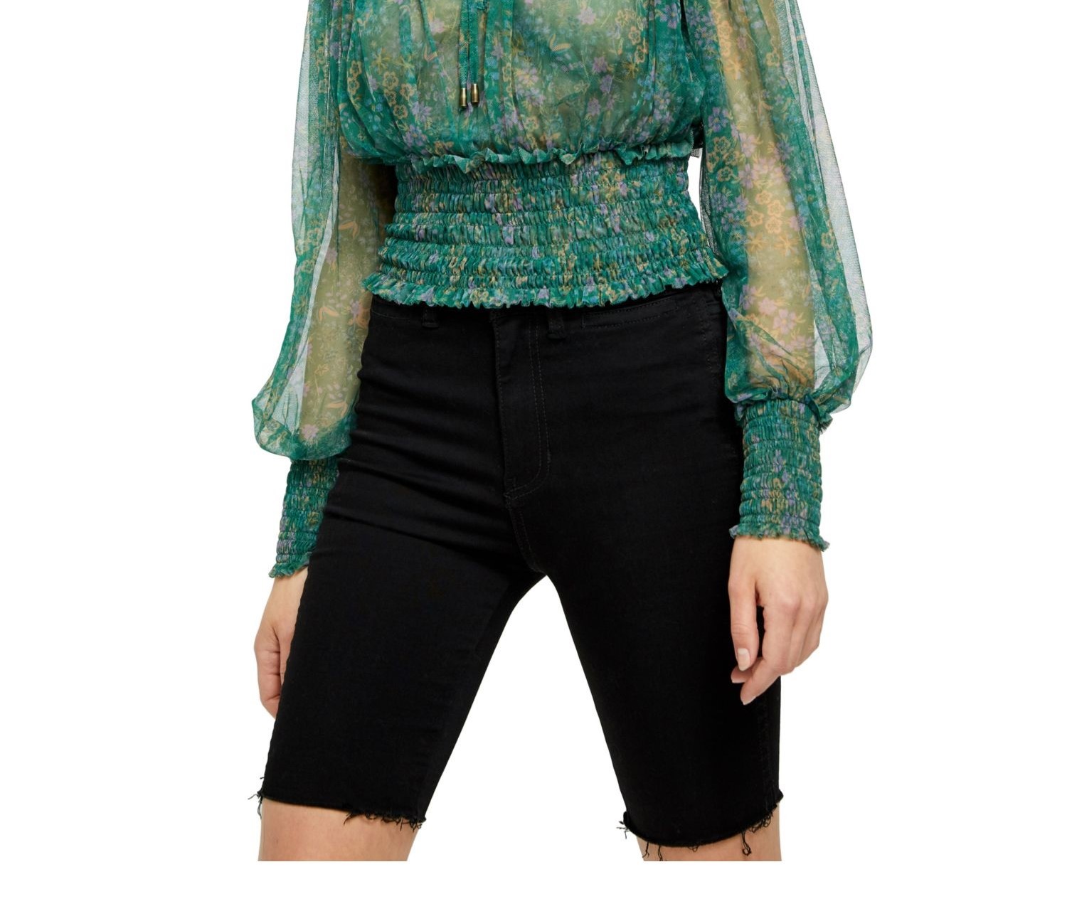Free People Women's Sheer Smocked Floral Long Sleeve Tie Neck Top Green Size S