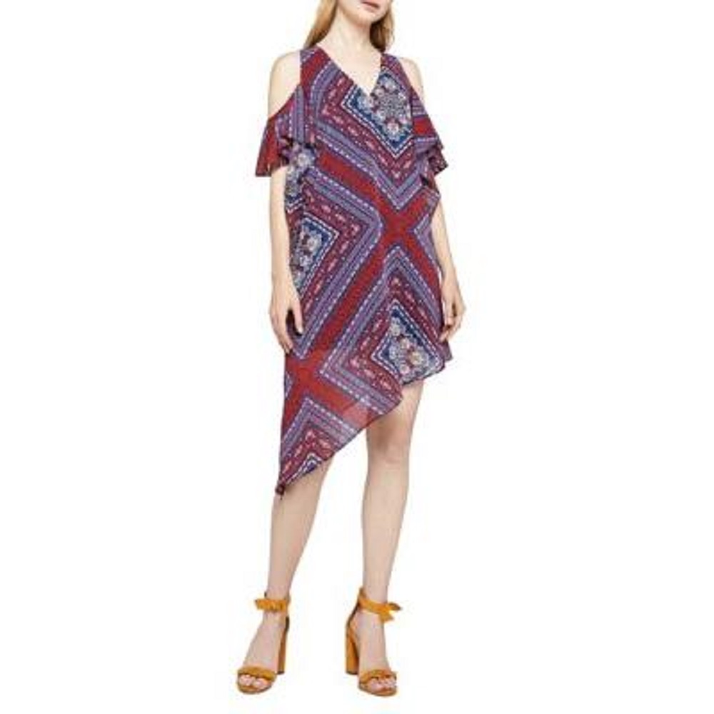 BCBGeneration Womens Printed Cold Shoulder Layered Dress Red Size X-Small