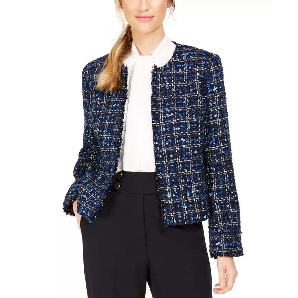 Calvin Klein Women's Tweed Frayed Edge Jacket Blue Size 6